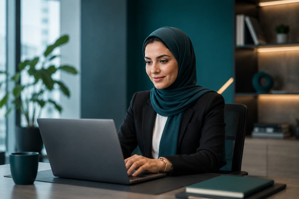 Professional wearing a hijab working on a laptop in a bright office