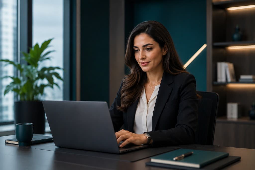 Professional working on a laptop beside a window with a city view