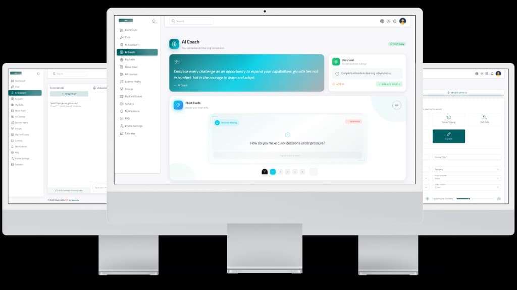AI Coach with flashcards and daily goals, AI Assistant chat, and Create with AI authoring