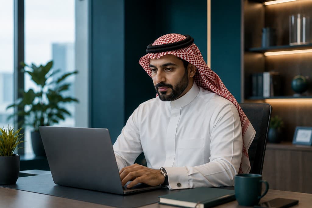 محترف بزي عمل يعمل على حاسوب محمول في مكتب عصري